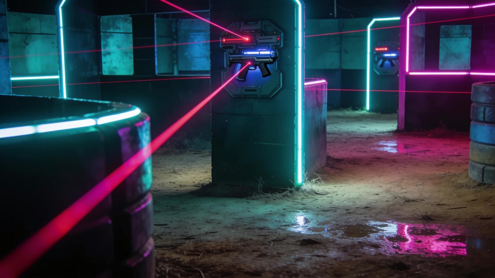 Neon-lit laser tag arena with glowing cyan and magenta beams in a dark futuristic space