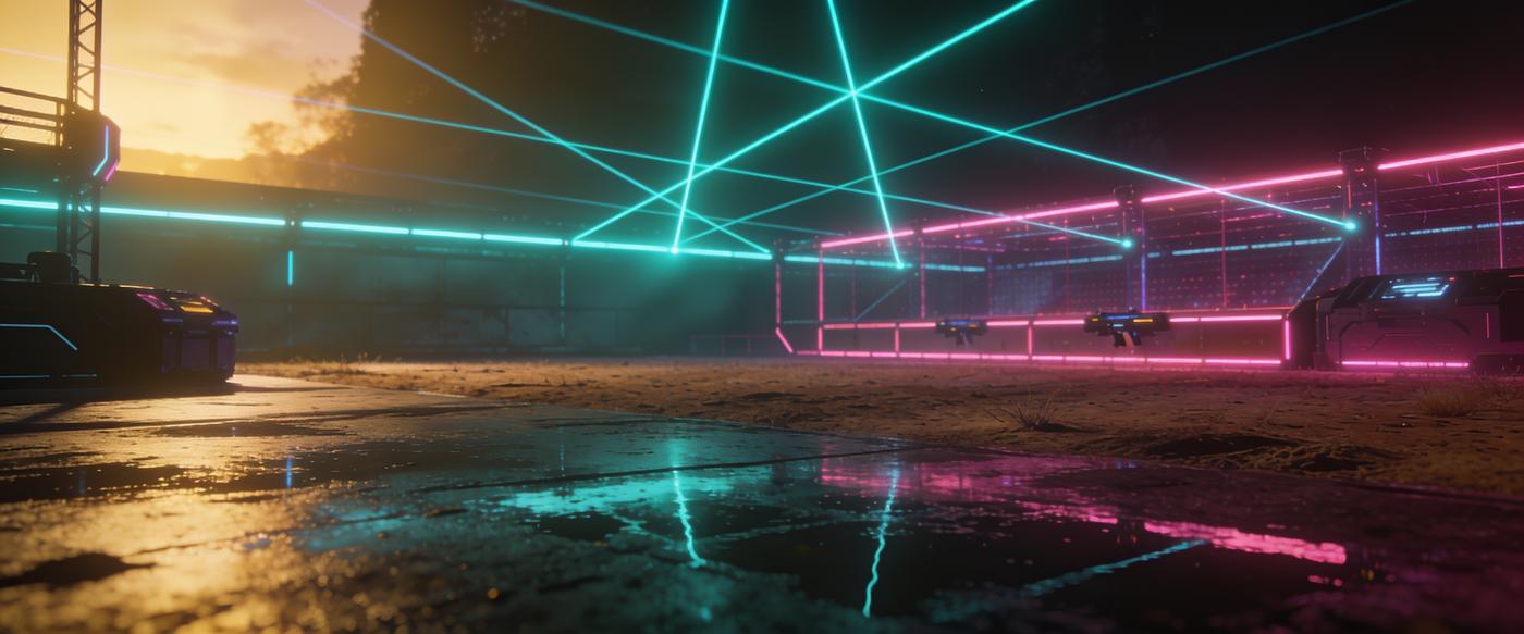 Cyberpunk-style neon map grid representing laser tag arenas across US states