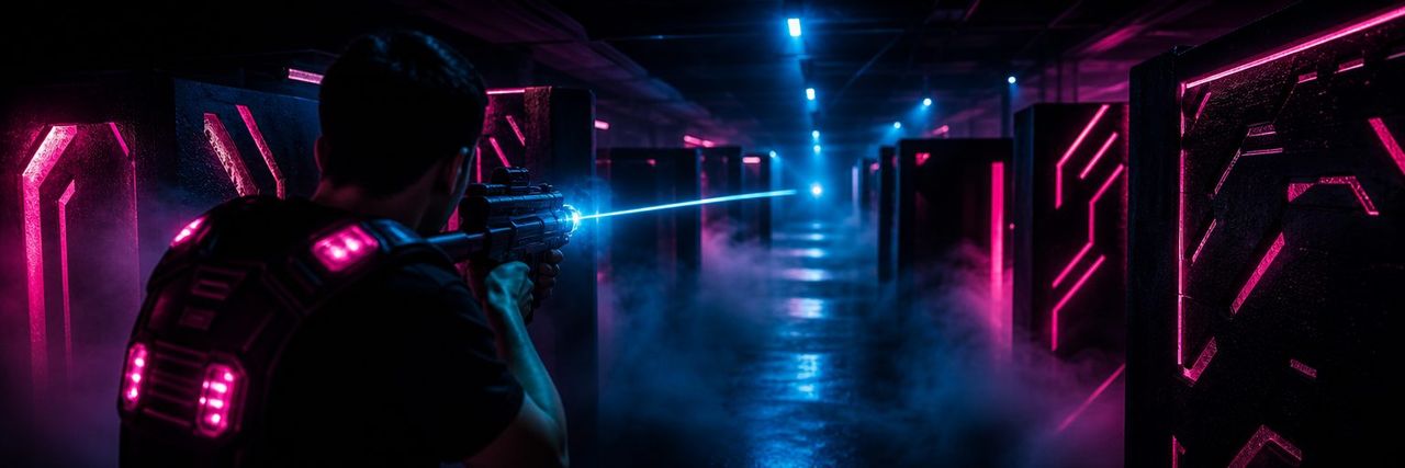 Best laser tag: a player aiming a blaster down a long foggy neon-lit corridor