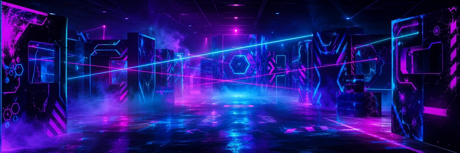 Laser tag arena: empty neon-lit corridor with glowing cyan and magenta laser beams cutting through fog