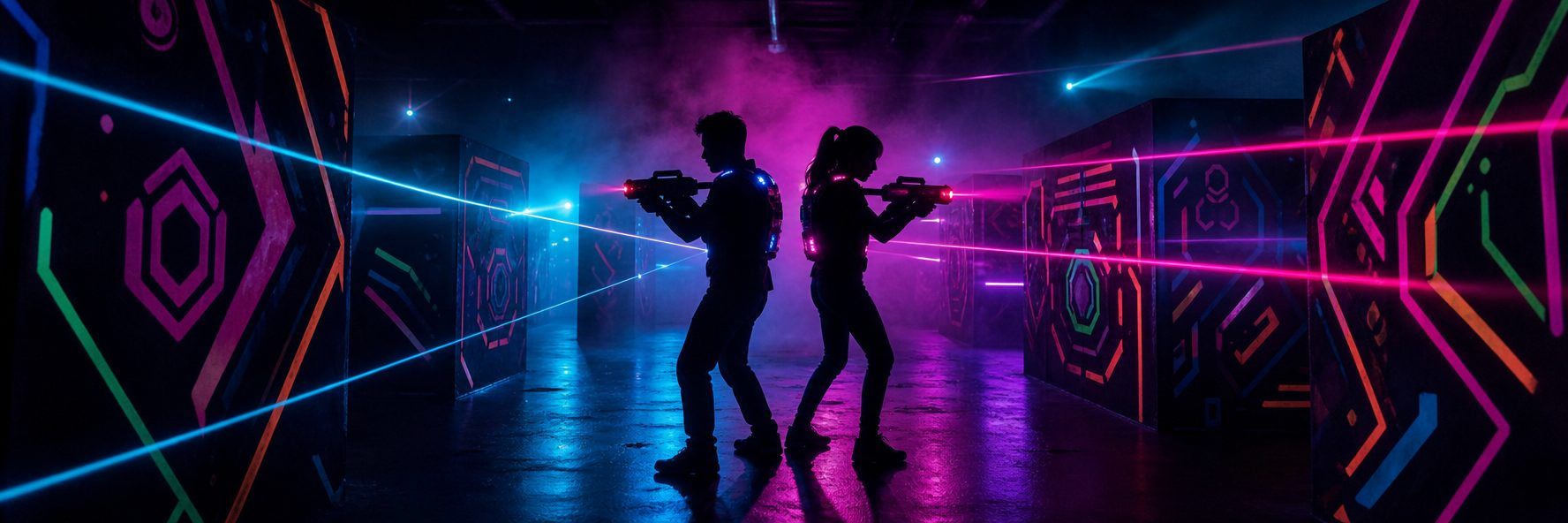 Laser tag near me: two players silhouetted back-to-back in a foggy neon arena corridor