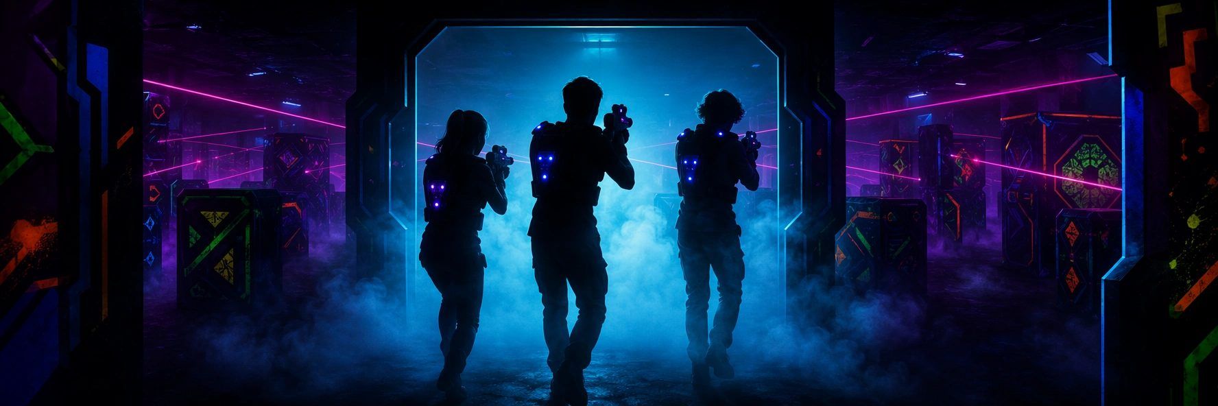Laser tag party: a group of players entering a neon-lit arena through a backlit doorway