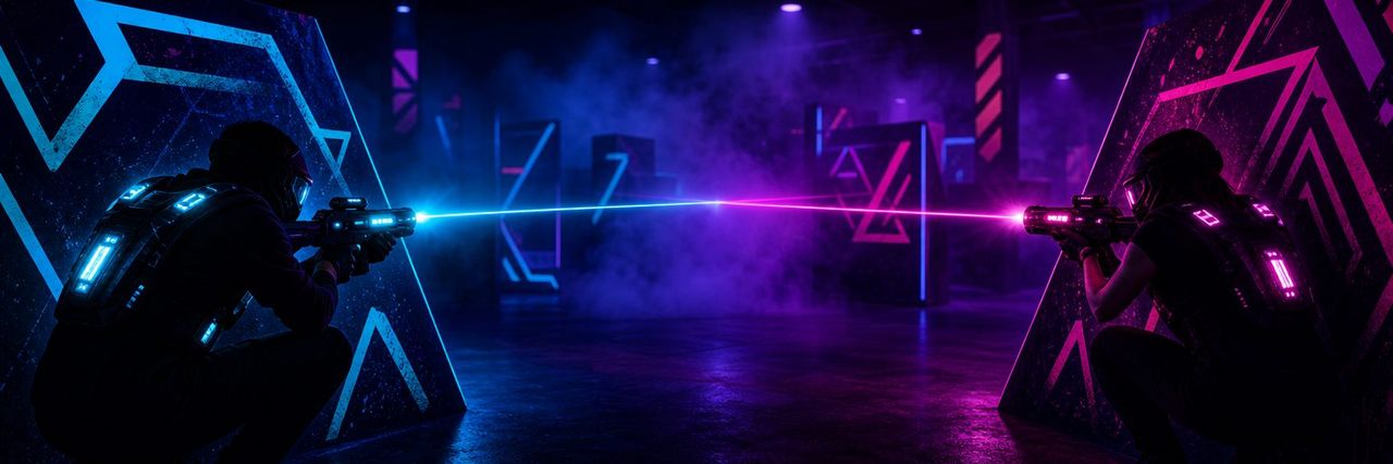 Laser tag places near me: two players exchanging laser fire from behind cover