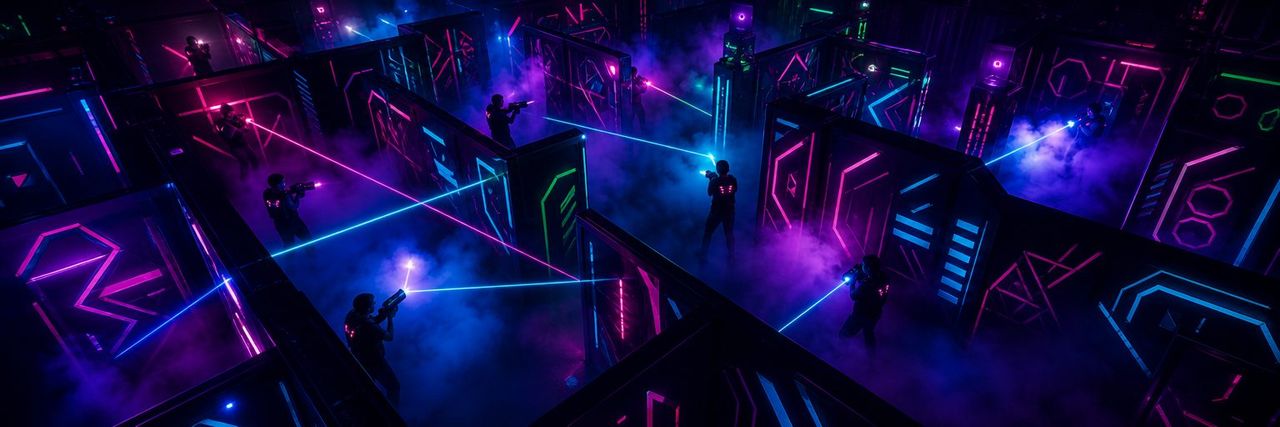 Professional laser tag: two players in a symmetrical beam duel down a converging arena corridor